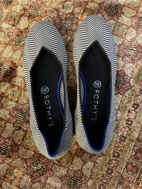 Rothy's Black & White Herringbone Flats with Blue Trim